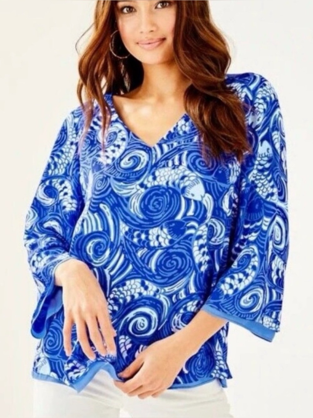 Lilly Pullitzer Florin Reversible Top 3/4 Sleeve Blue Grotto White Medium